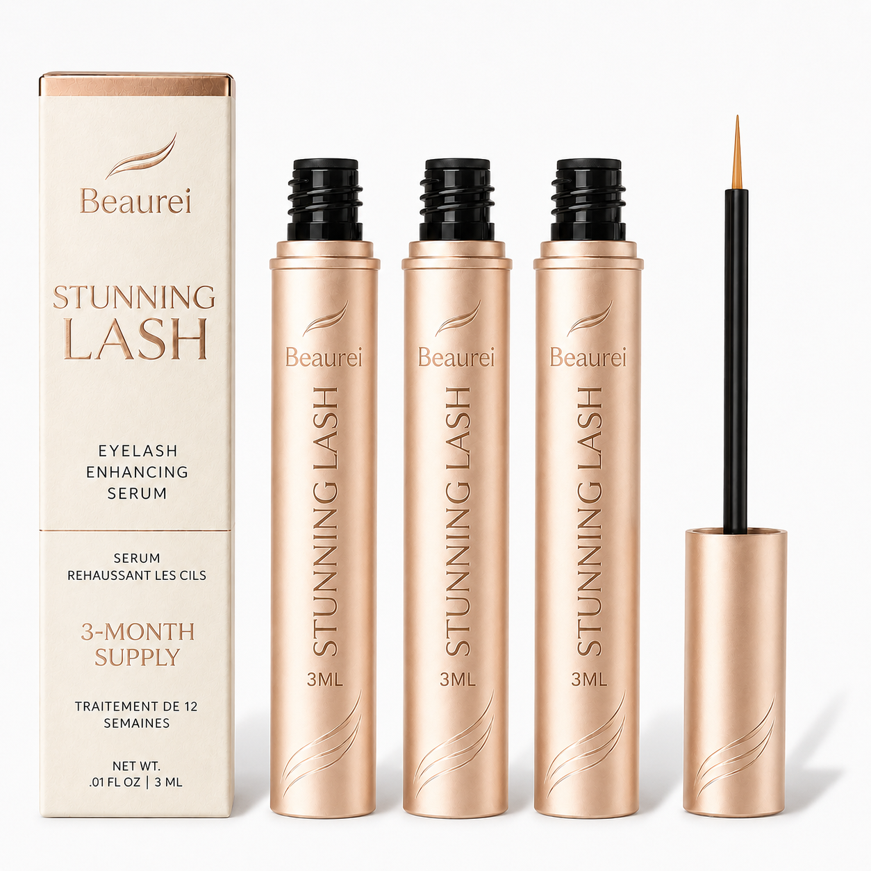 Beaurei Stunning Lash eyelash enhancing serum set with packaging on a white background