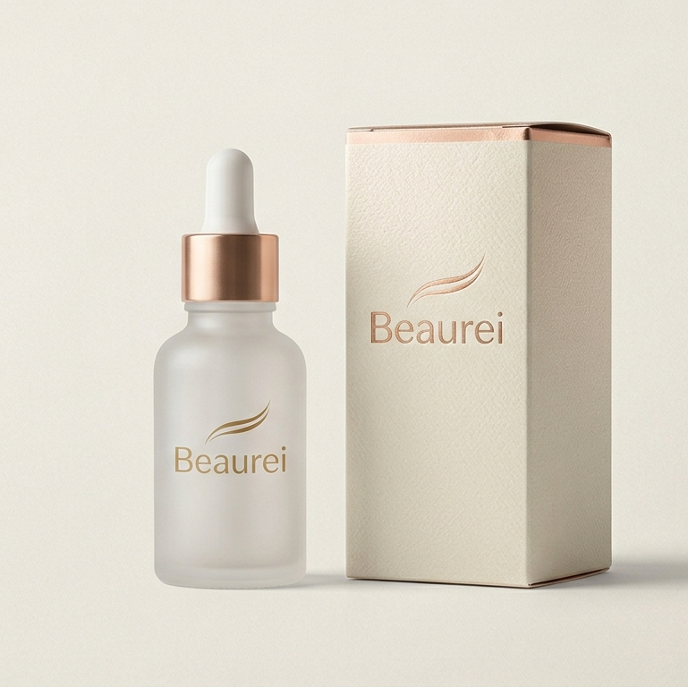 Beaurei skincare dropper bottle and box on a light background
