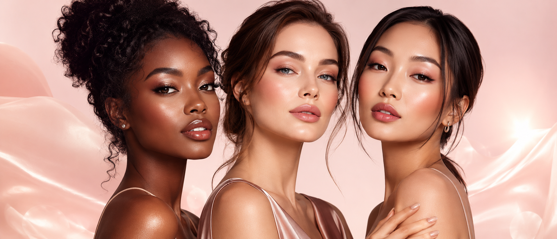 Three women with different hairstyles and makeup on a pink background