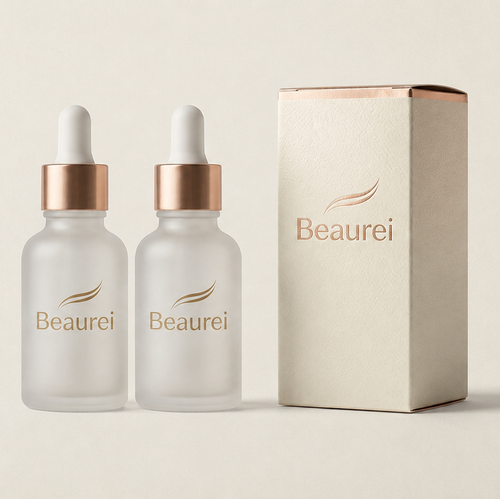Two Beaurei skincare bottles with a matching box on a light beige background